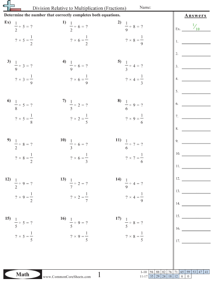 Fraction Worksheets - Division Relative to Multiplication worksheet